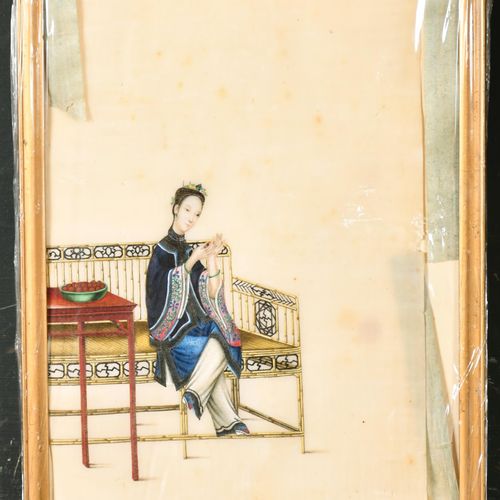 Null École asiatique du XIXe siècle. Une dame à son métier à tisser, aquarelle s&hellip;