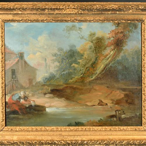 Null Cercle d'Hubert Robert (1733-1808) Français. Un paysage de rivière avec une&hellip;