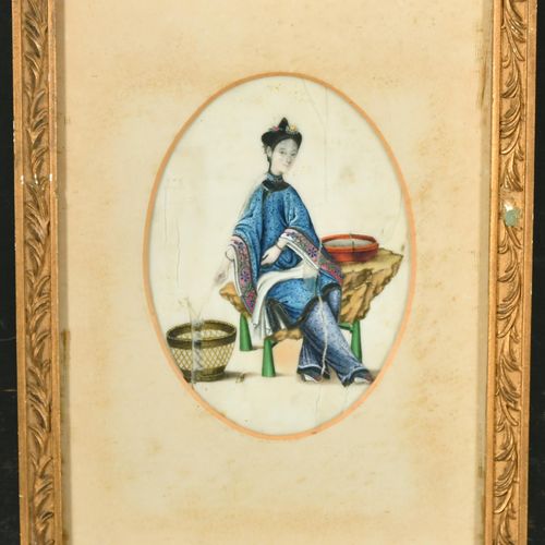 Null Escuela asiática del siglo XIX. Una dama en su telar, acuarela sobre papel &hellip;