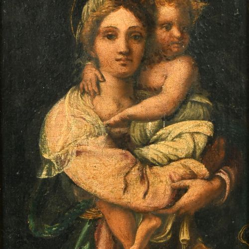 Null 安德里亚-德尔-萨尔托（1486-1530）意大利人的方式。圣母与圣婴》，布面油画，金丝楠木雕花框架，11.25" x 8.25" (28.6 x 2&hellip;
