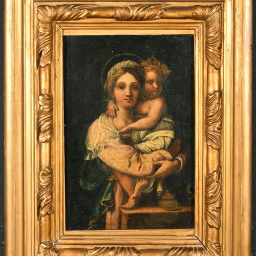 Null 安德里亚-德尔-萨尔托（1486-1530）意大利人的方式。圣母与圣婴》，布面油画，金丝楠木雕花框架，11.25" x 8.25" (28.6 x 2&hellip;