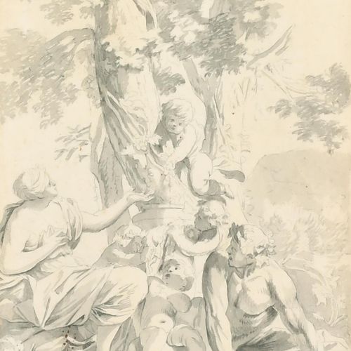 Null 18世纪末的欧洲画派。树周围的人物和小天使，铅笔，水彩和水洗，10" x 8" (25.4 x 20.3cm)，以及配套的作品，一对(2)
