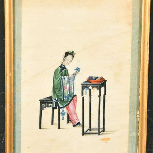 Null École asiatique du XIXe siècle. Une dame à son métier à tisser, aquarelle s&hellip;