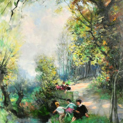 Null Jules Rene Herve (1887-1981) French. Children Playing by a Stream, Oil on c&hellip;