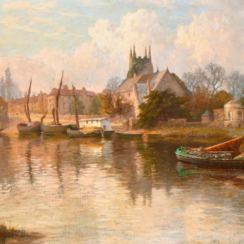 Null Frederick James Aldridge (1850-1933) 英国人。河流场景，布面油画，背面刻有字，27.5" x 40.75" (70&hellip;