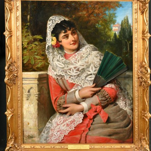 Null 爱德华-查尔斯-巴恩斯（1830-1882）英国人。安达卢西亚美女》，布面油画，签名，并刻在牌匾上，24" x 18" (61 x 45.7cm)