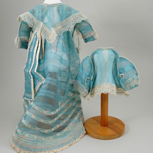 A good 1860s style blue silk French fashion dolls dress with jacket and shawl, A&hellip;