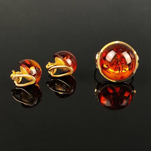 Amber jewellery set, 3 pieces, consisting of a ring, 585/14K yellow gold, r Ense&hellip;
