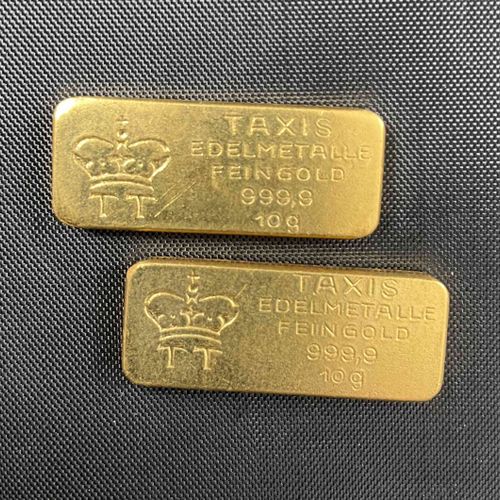 TWO LINGOTINS of gold (999.9 thousandths), 10g. Cabs Edelmetalle. Total weight :&hellip;