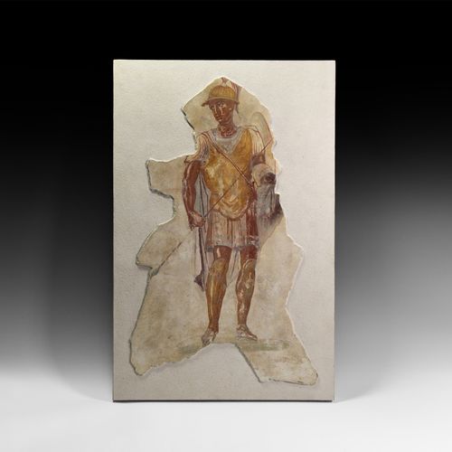 Null 罗马军事指挥官的壁画。公元前1世纪至公元1世纪。一幅气势恢宏的壁画碎片，表现了一位身着罗马高级军服的年轻军事指挥官，他脸部微微向右转，靠在左腿上，右腿&hellip;