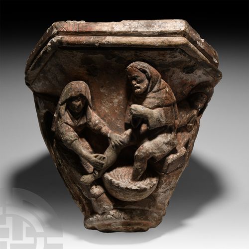 Null Brüsseler Kalksteinkragstein mit Frau und Pilgern. Um 1460 n. Chr. Ein mass&hellip;