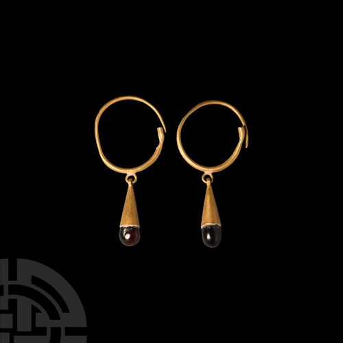 Null Greek Gold Garnet Drop Earrings. 5th-3rd century B.C. A matched pair of gol&hellip;