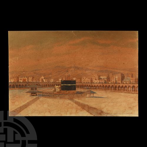 Null 奥斯曼帝国的麦加全景图。公元19世纪，一幅裱糊在纸板上的水粉画，描绘了一幅重要的麦加全景图，详细表现了卡巴，从周围墙壁和拱门内部透视显示了清真寺，清真&hellip;