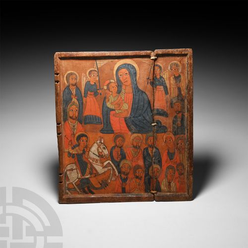 Null Large Ethiopian Icon of the Virgin and Child Surmounted by Saints. 16th cen&hellip;