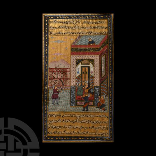 Null 有框架的波斯水彩画手稿叶，其中有男性人物在交谈。公元19世纪至20世纪初，大量使用液态金的手稿叶；多色画的场景中，三个男性人物在建筑物内交谈；外面的三&hellip;