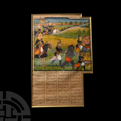 Null 带框架的波斯水彩画手稿与骑兵。公元19世纪，手稿的一页描绘了一群骑士在温柔的山丘和树木的风景中捕捉拟人化的动物；下面是四列的nasta'liq文字，上&hellip;