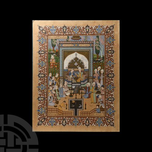 Null 带框的印度贵族宫廷水彩画。公元19-20世纪初，画的是一个贵族宫廷的场景，男性和女性人物坐在有顶棚的围墙上，下面的院子里有侍者，围墙外的草地上有火炬手&hellip;