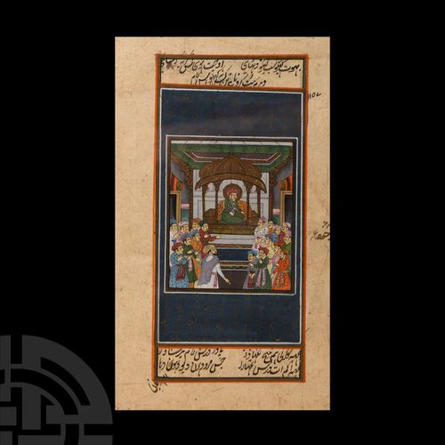 Null 带框架的印度水彩画手稿叶，带有宫廷场景。公元19-20世纪初，手稿叶装在一个上釉的木框中，可以看到两面；A面：宫廷场景，君主在一个有顶的台子上，面前有&hellip;
