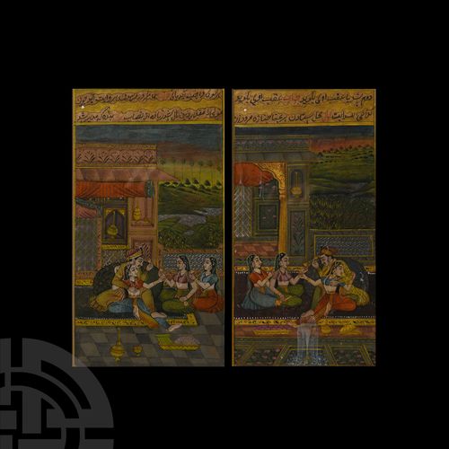 Null 带框架的波斯水彩情色手稿叶对，有庭院场景。公元19-20世纪初，一对相配的手稿叶，每张都在Nasta'liq字体的面板下有一个绘画场景；每个场景都描绘&hellip;
