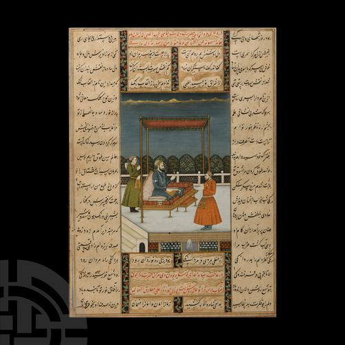 Null 带框架的印度水彩画手稿叶子，上面有王公贵族和随从。公元19世纪至20世纪初，一张手稿叶子，上面画着一个坐在天幕下的台子上的君主，他身后有一个随从，另一&hellip;