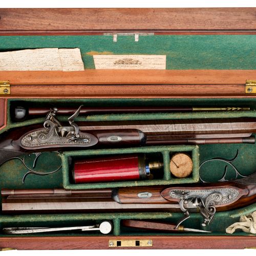 ˜ A FINE CASED PAIR OF 36 BORE FLINTLOCK DUELLING PISTOLS BY DURS EGG, NO. 1 PAL&hellip;