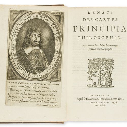 René DESCARTES 笛卡尔（René）《哲学歌剧》，1卷3部分，第三版，半标题，作者的雕刻肖像，标题的木刻印刷装置，文本中的许多木刻插图和图表，偶尔有&hellip;