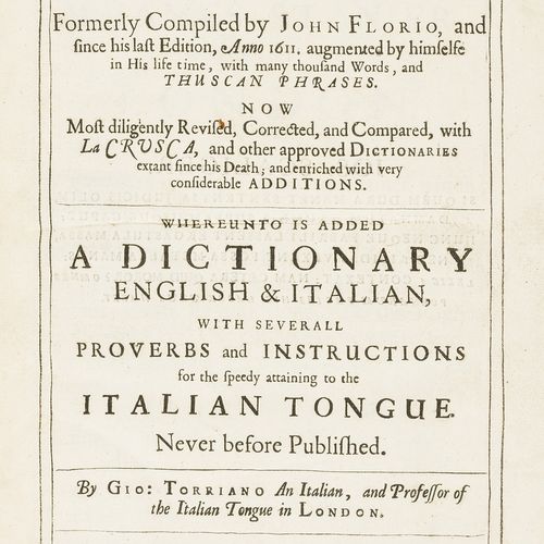 John Florio Dictionary.- Florio (John) Vocabolario Italiano & Inglese. . . Where&hellip;