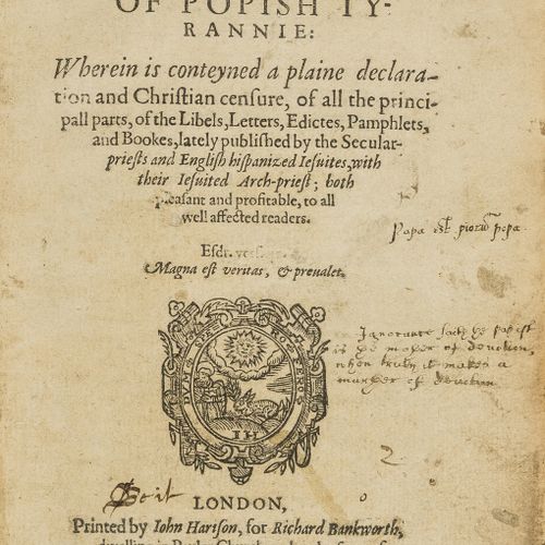Thomas Bell 贝尔(Thomas)的《波普教徒的解剖》(The Anatomie of Popish Tyrannie)，初版，标题为木刻头像和装置，&hellip;