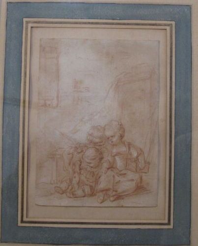 Ecole française du XVIIIe siècle 
Enfants jouant avec un chiot 
Sanguine et crai&hellip;