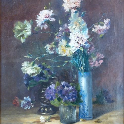RAMUS 
Bouquet d'oeillets et de violettes dans un vase 
Huile sur toile 
Haut. :&hellip;