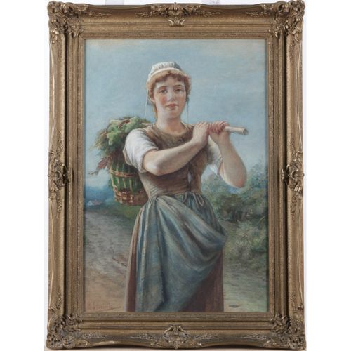Null Jacobus Hermanus Otterbeek (1839-1902) - 水彩画 - 乡间道路上提着菜篮的女孩，55x37厘米。