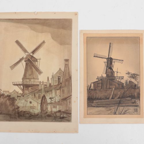 Null Wilhelm Frederik A. Pothast (1877-1917) - drawing - Two windmills and a vil&hellip;
