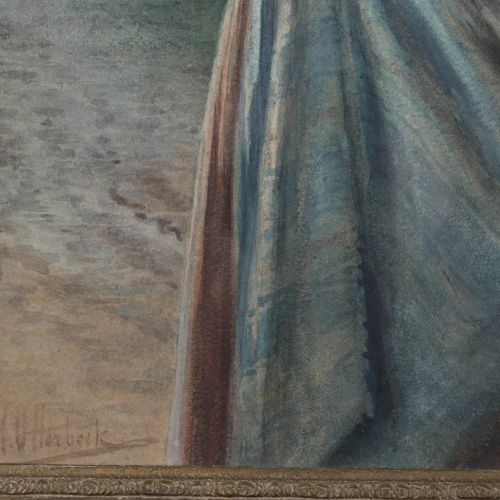Null Jacobus Hermanus Otterbeek (1839-1902) - 水彩画 - 乡间道路上提着菜篮的女孩，55x37厘米。