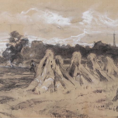 Null Marie Bilders van Bosse (1837-1900) - 绘画 - 有玉米穗的田地和割草的农民，29.5x45.5厘米。