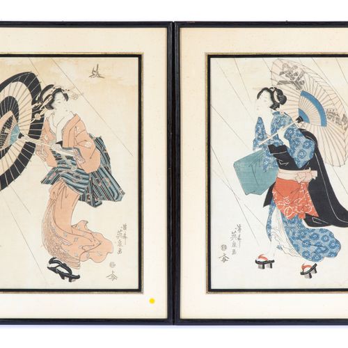 Keïsaï Yeisen (1790-1848) - twee ingelijste houtsnedes - geisha's, 19e eeuw http&hellip;