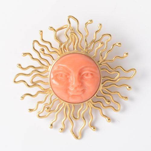 Hanger in de vorm van een zon met bloedkoraal gezicht - 18 karaat https://www.Bv&hellip;