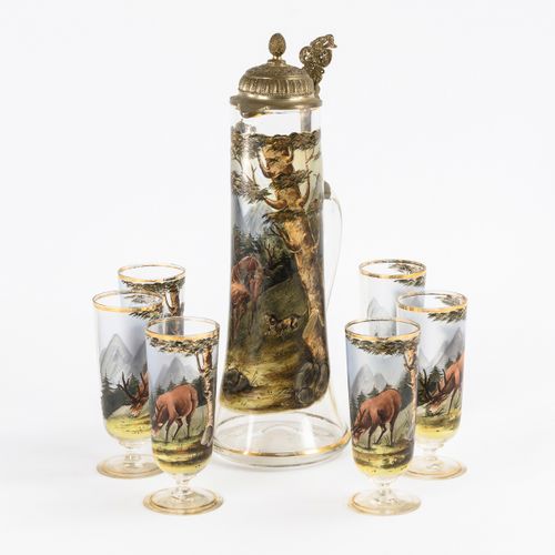 Weinkanne und 6 Gläser mit Jagdmotiven 

Wine jug and 6 glasses with hunting mot&hellip;
