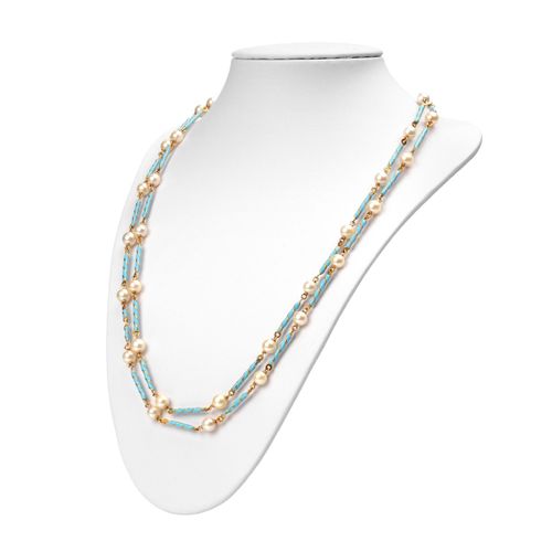 Null Lange Kette in der Art einer Chanel-Kette mit Perlen und türkisfarben email&hellip;