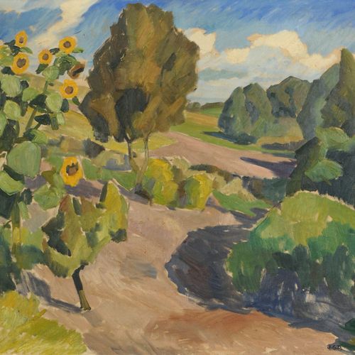 Null J. G. Th., 向日葵的夏季景观。可能是1950/1960年代。
J. G . Th.20世纪。 

布面油画。右边有 "J.G.Th "的字样&hellip;