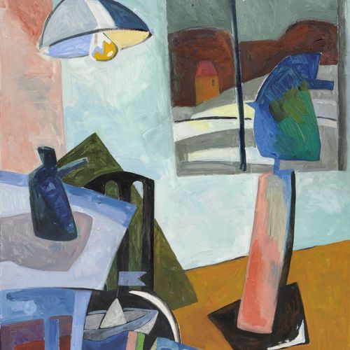 Null 迈克尔-霍夫曼，室内有灯和桌子。2007年。
Michael Hofmann1944年开姆尼茨 - 住在Radebeul。

布面油画。右侧有 "Mi&hellip;