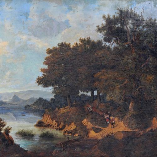 Null V.韦伯，河流风景与绘画吟游诗人。可能是19世纪中期。
V.韦伯 19世纪。

布面油画。右侧有签名，左侧的担架上有一个零散的胶粘标签，上面写着"[.&hellip;