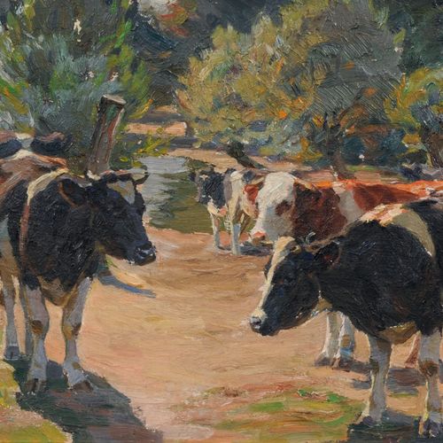 Null 维利-塔格，牛在岔路口。可能是1930年代/1940年代。
Willy Tag1886 Auerbach - 1980 Dresden

木材上的油彩&hellip;