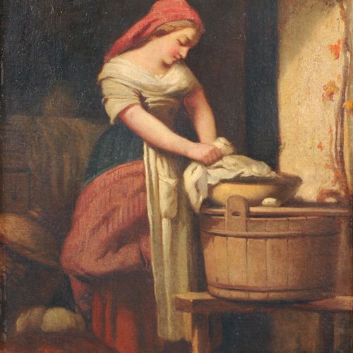 Null Hutin (?), Washing maid. 1756.
布上油画。签名 "Hutin"，并在背面标明日期，在担架上用圆珠笔注明 "840/1.2&hellip;