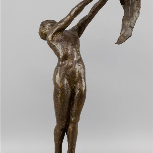 Null Bronzeskulptur, 'die flüchtende Tischdecke', Frau mit flatterndem Tuch, auf&hellip;