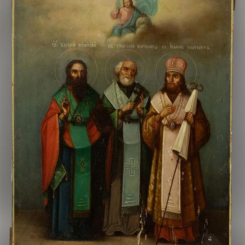 Null 三位圣人/教会之父的圣像，巴西尔大帝，格雷戈里和约翰-金口，俄罗斯，约1800年，蛋彩画在面板上，-oklad丢失，修饰，2sponki（B）。

3&hellip;