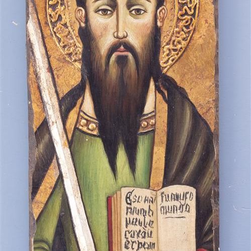 Null 一幅描绘保罗的圣像，绘有浮雕剑的木板（A-）。

55 x 20厘米。
