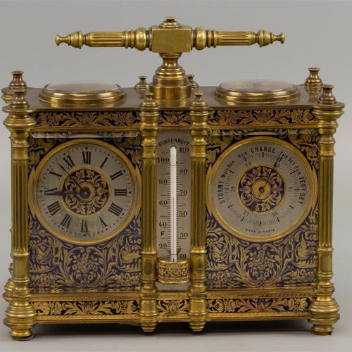 Null 双人旅行钟，19世纪末的巴黎，青铜外壳配以蓝色champlevé珐琅，装有时钟、巴洛克和温度计及指南针--运行（A-）。

h.15.5厘米