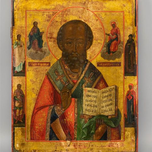 Null An icon of St Nicholas, Russia 18th century, tempera on panel, surrounded b&hellip;