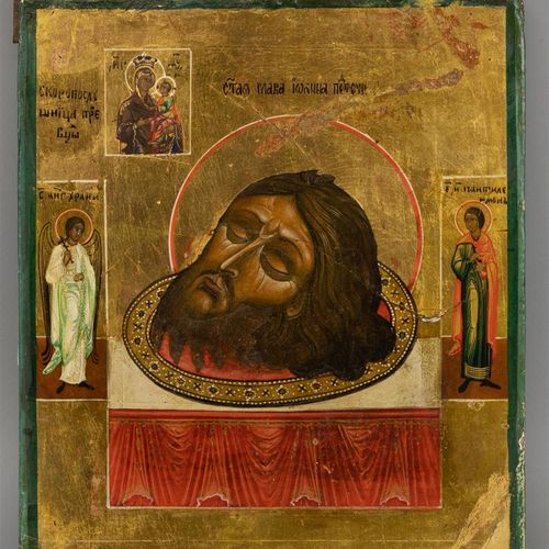 Null 施洗约翰的头像，周围是圣潘塔莱昂，玛丽 "Skoroposlushnitsa"，俄罗斯约1800年，面板上的钢笔画，背面是西里尔语的铭文 - 裂开的油&hellip;