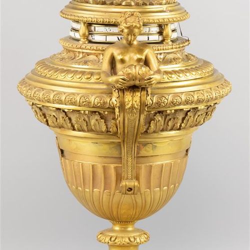 Null 一个拿破仑三世的Cercle Tournant壁炉钟，法国，约1870年，鎏金铜瓮形表壳，两侧是加里亚特，盖子上有写作青年，有丰富的棕榈图案装饰（B）&hellip;
